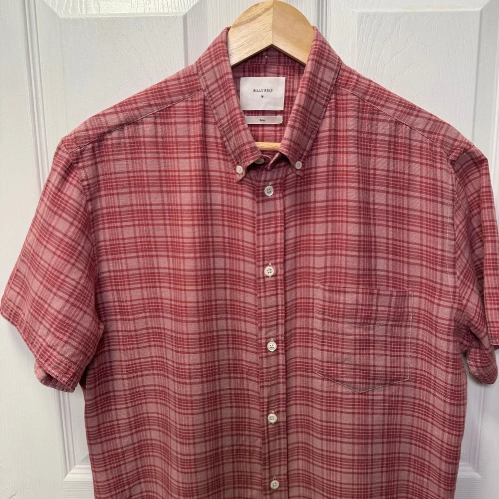 Billy Red Men’s Medium Slim Red Plaid Short Sleeve Button Down, light weight - Picture 2 of 11